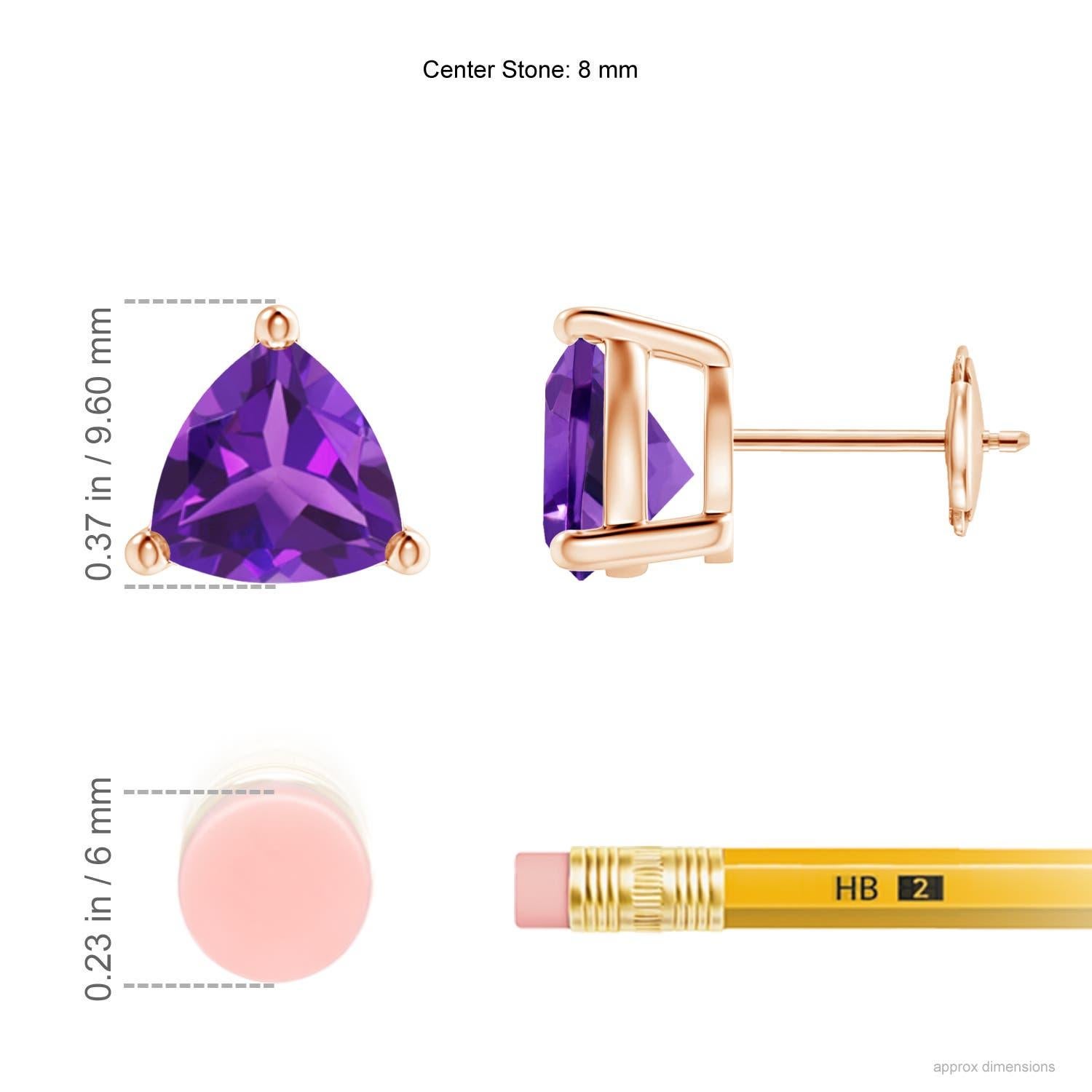Displaying the royal purple amethysts in a prong setting, these solitaire stud earrings are a pair of enviable beauty. The gemstones are cut in a striking trillion shape and mounted in 14k rose gold.