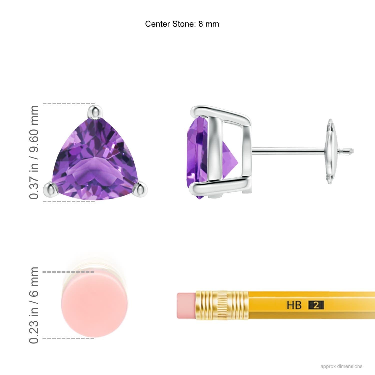 Displaying the royal purple amethysts in a prong setting, these solitaire stud earrings are a pair of enviable beauty. The gemstones are cut in a striking trillion shape and mounted in 14k white gold.
