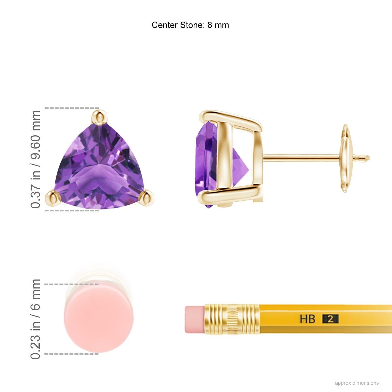 Displaying the royal purple amethysts in a prong setting, these solitaire stud earrings are a pair of enviable beauty. The gemstones are cut in a striking trillion shape and mounted in 14k yellow gold.