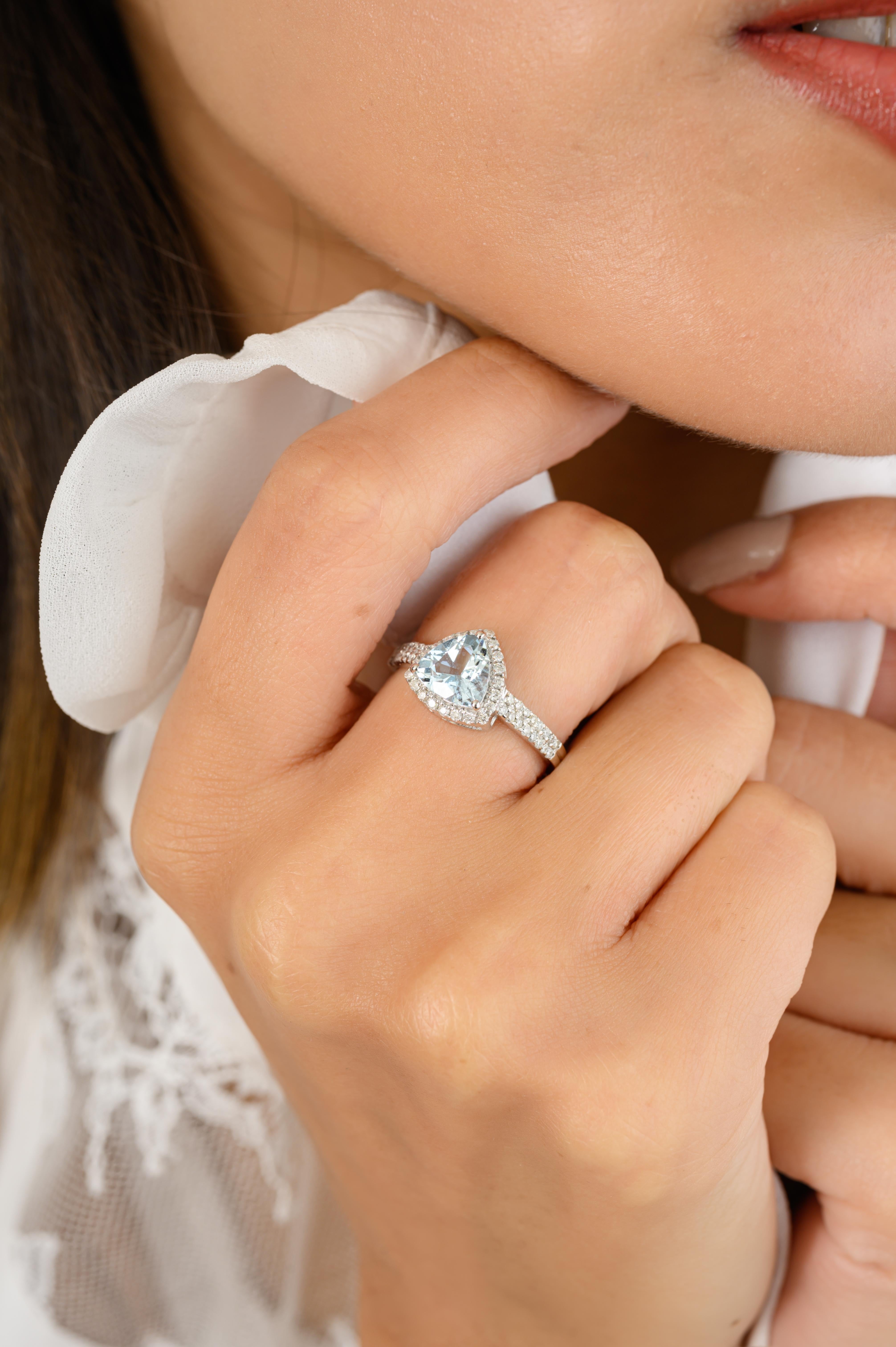 For Sale:  Natural Trillion Aquamarine Diamond Engagement Ring in 18k Solid White Gold 2
