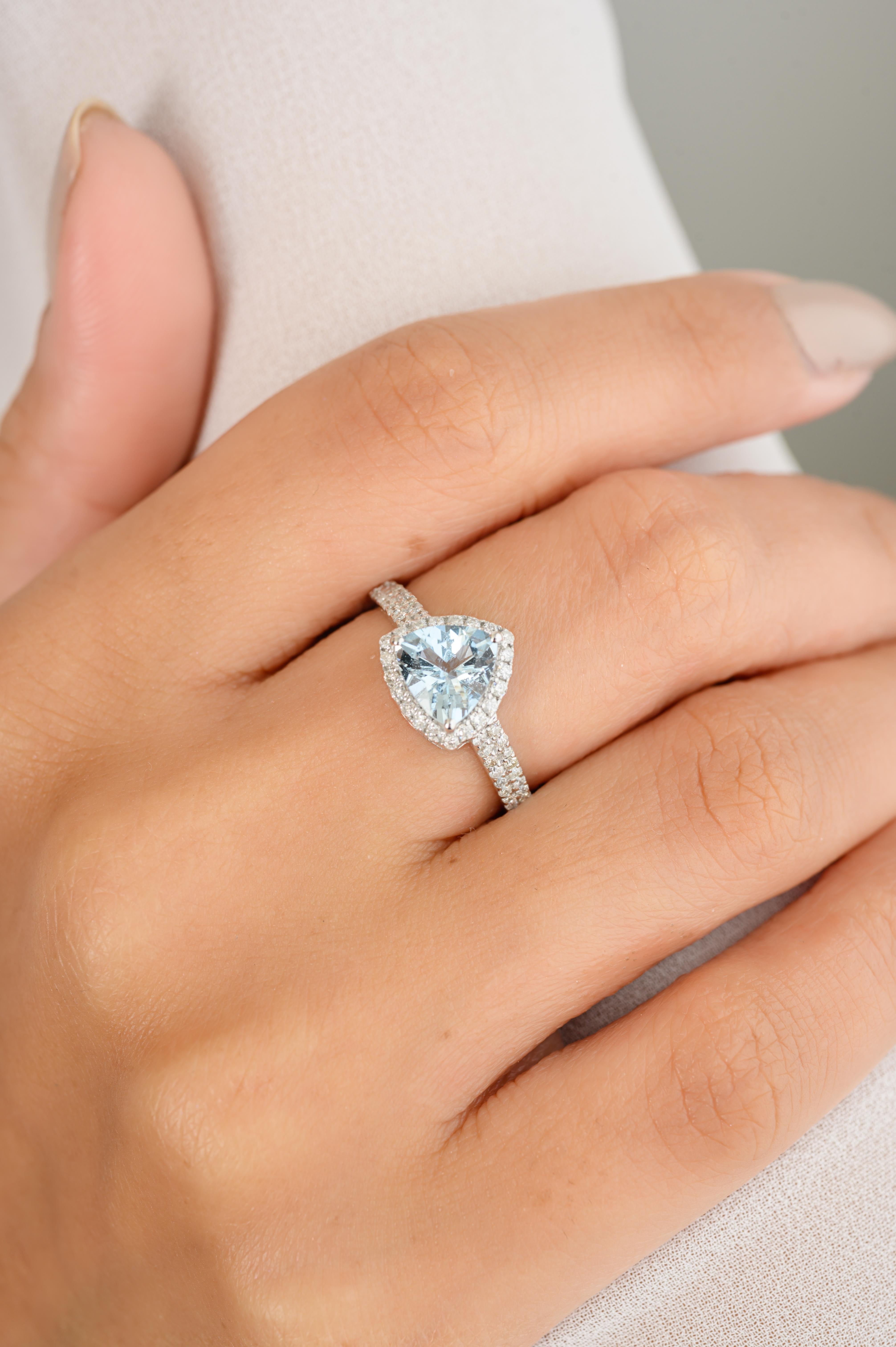 For Sale:  Natural Trillion Aquamarine Diamond Engagement Ring in 18k Solid White Gold 4