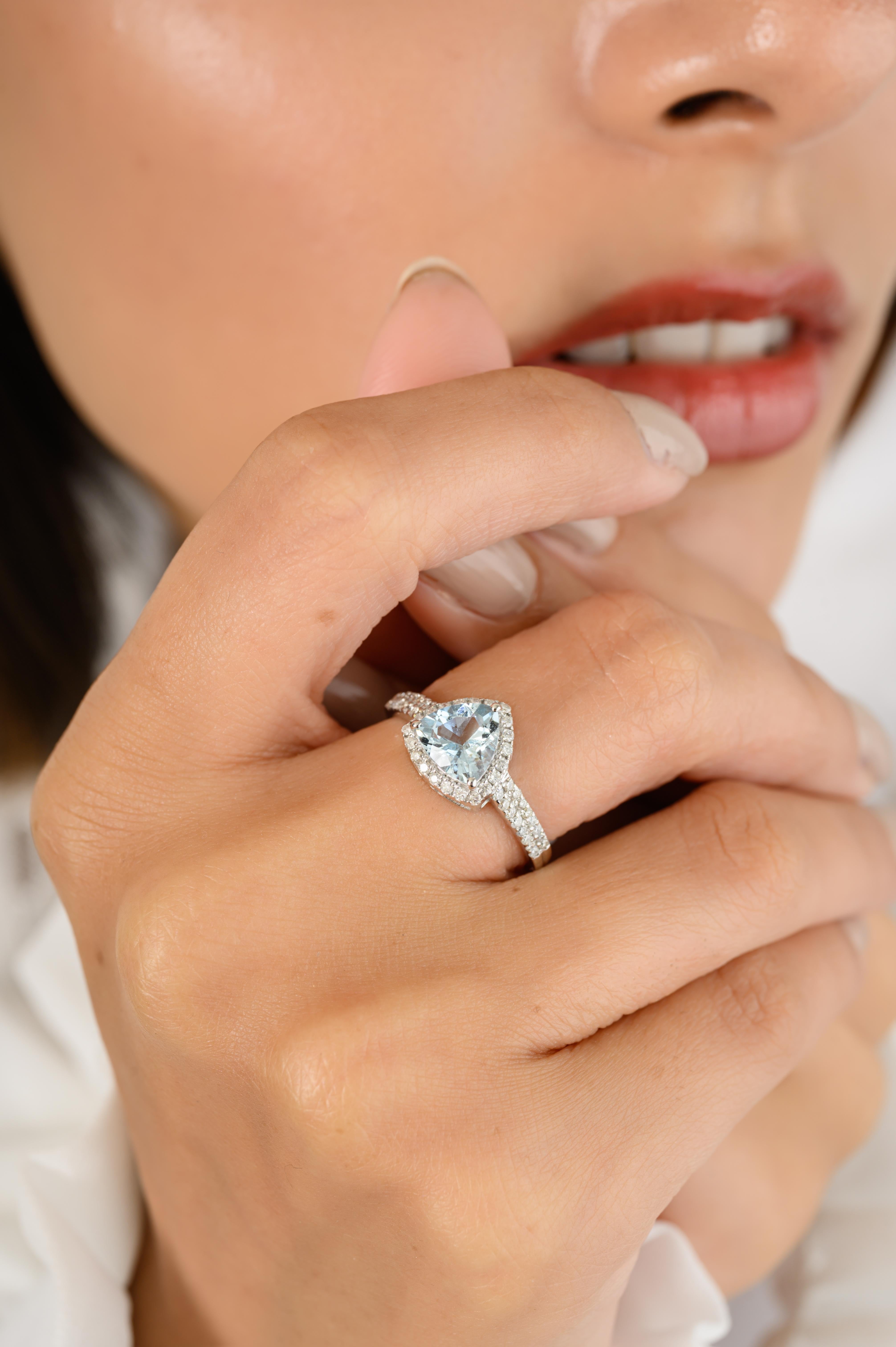 For Sale:  Natural Trillion Aquamarine Diamond Engagement Ring in 18k Solid White Gold 8