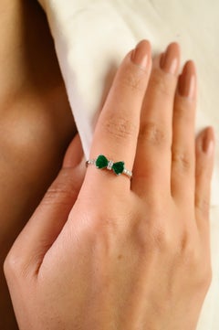 Natural Trillion Cut Emerald Diamond Bow Ring in 14K White Gold Two Stone Ring