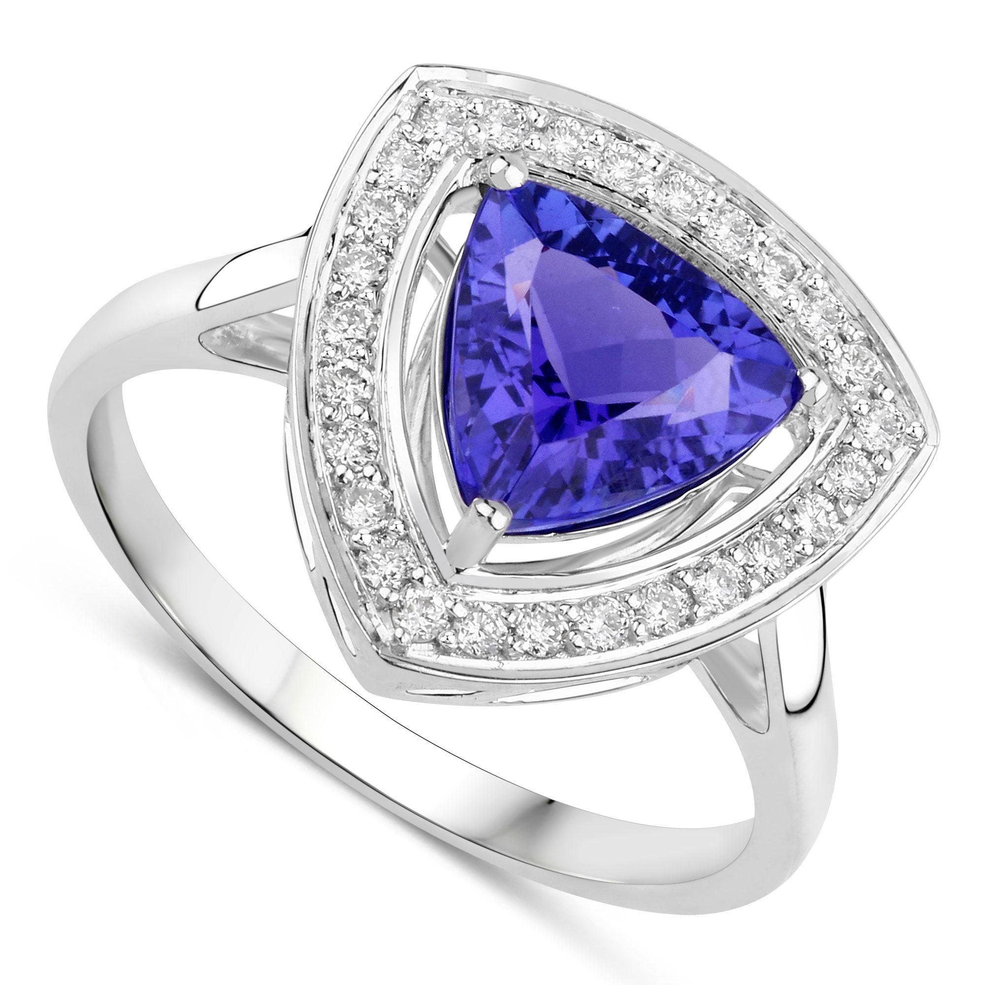 Women's or Men's Natural Trillion Cut Tanzanite  Ring Diamond Halo 14K White Gold For Sale