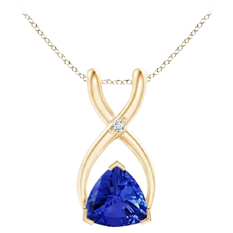 Ciondolo a forma di trilione di tanzanite naturale con diamante in oro giallo 18 carati