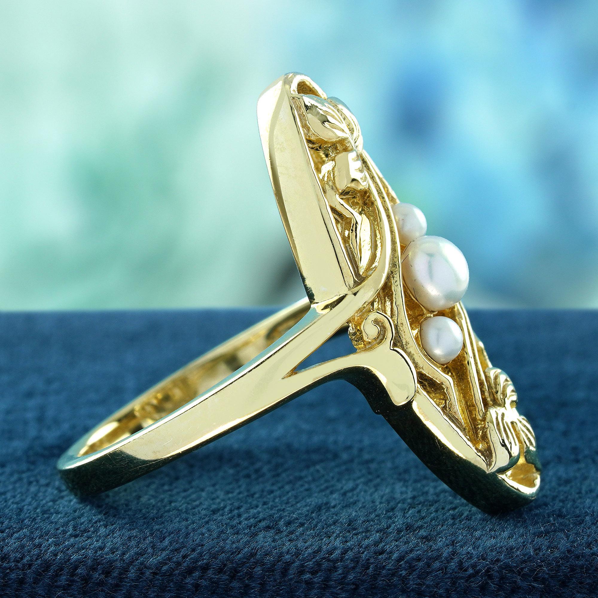 Round Cut Natural Triple Pearl Vintage Style Cocktail Ring in Solid 9K Yellow Gold For Sale