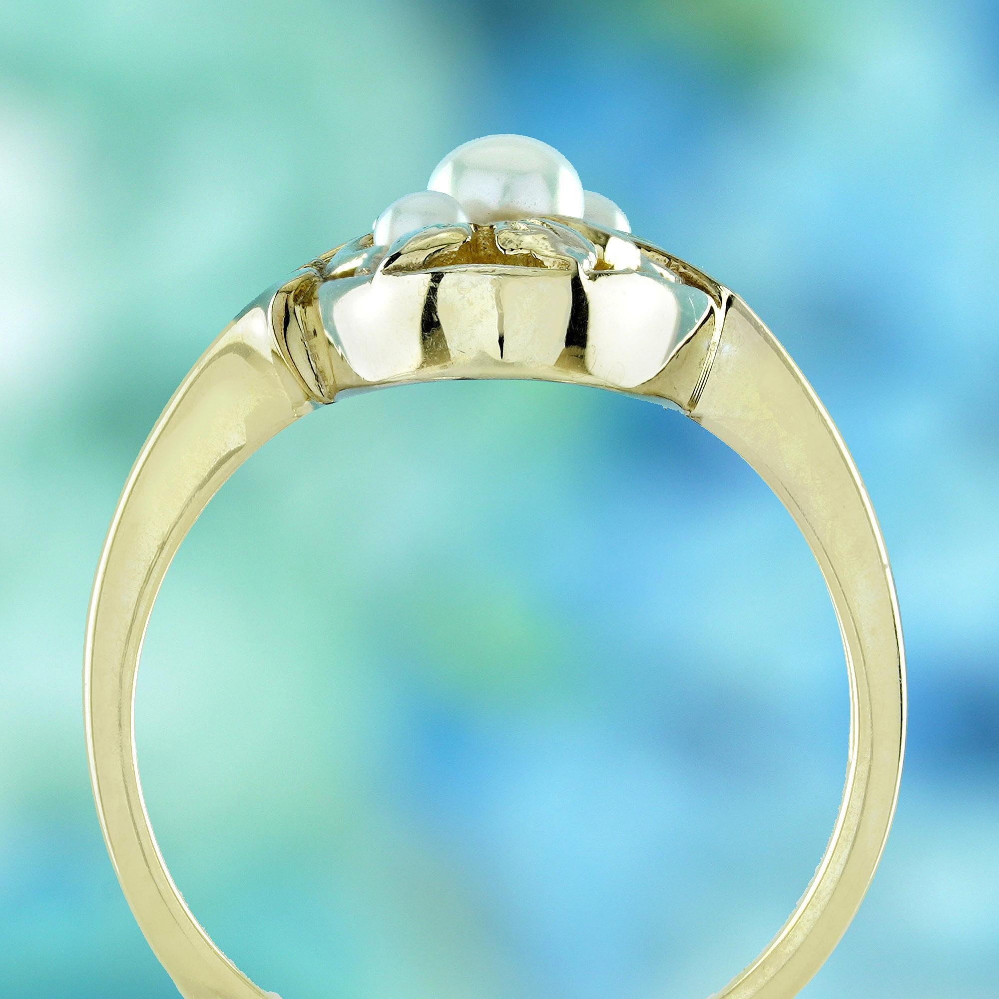 Natural Triple Pearl Vintage Style Cocktail Ring in Solid 9K Yellow Gold In New Condition For Sale In Bangkok, TH