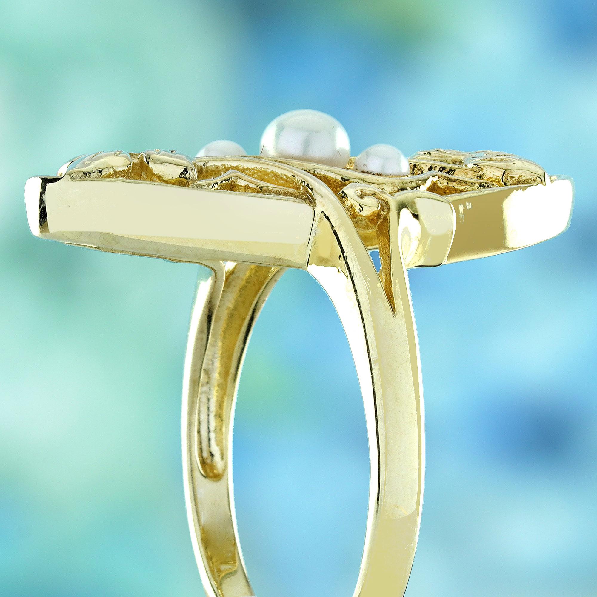 Women's Natural Triple Pearl Vintage Style Cocktail Ring in Solid 9K Yellow Gold For Sale