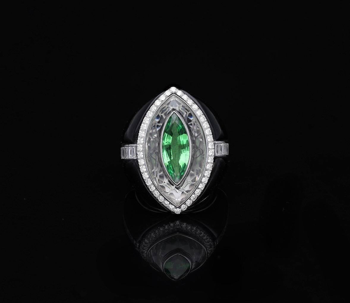 Anillo de oro de 18 quilates con tsavorita natural, ónice negro, cristal y diamantes Corte Asscher en venta