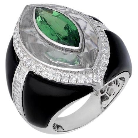 Bague en or 18k avec tsavorite naturelle, onyx noir, cristal et diamant