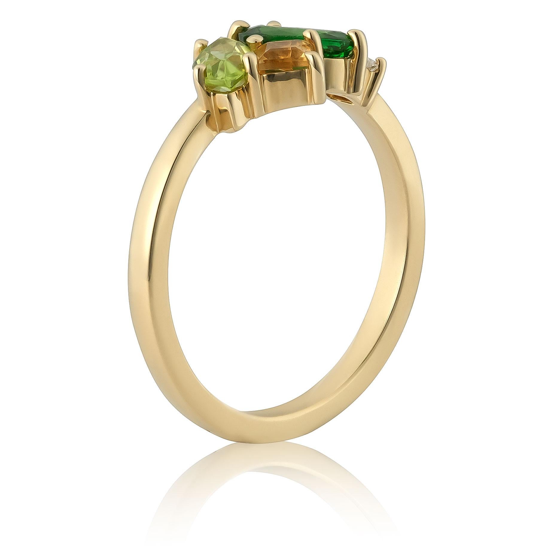 Natürlicher Tsavorit Granat, Peridot, Citrin & Dia 1,06 Karat TW in 14KYG Ring gefasst (Gemischter Schliff) im Angebot