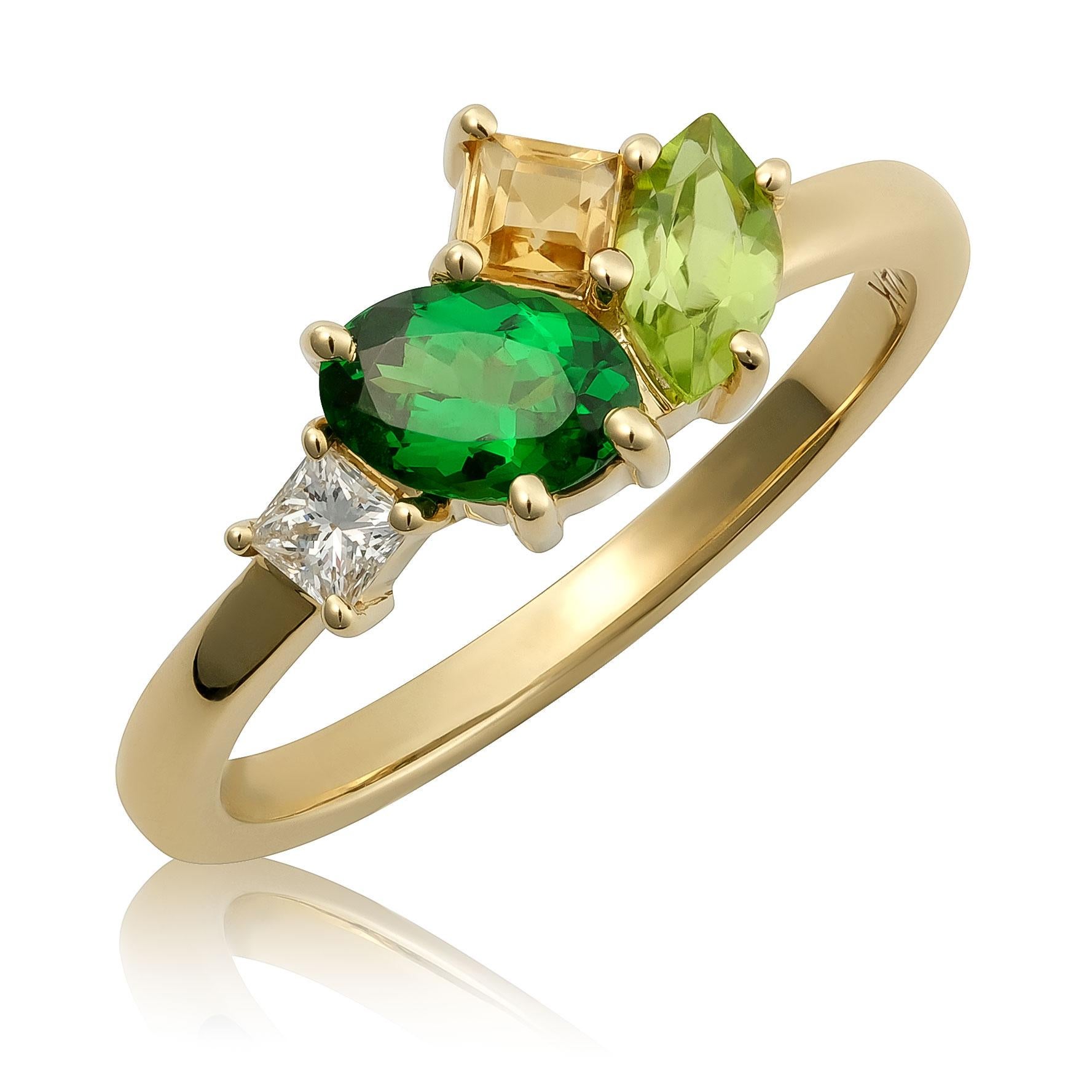 Granato di Tsavorite naturale, Peridoto, Citrino e Dia 1,06 carati TW incastonati in un anello in 14KYG