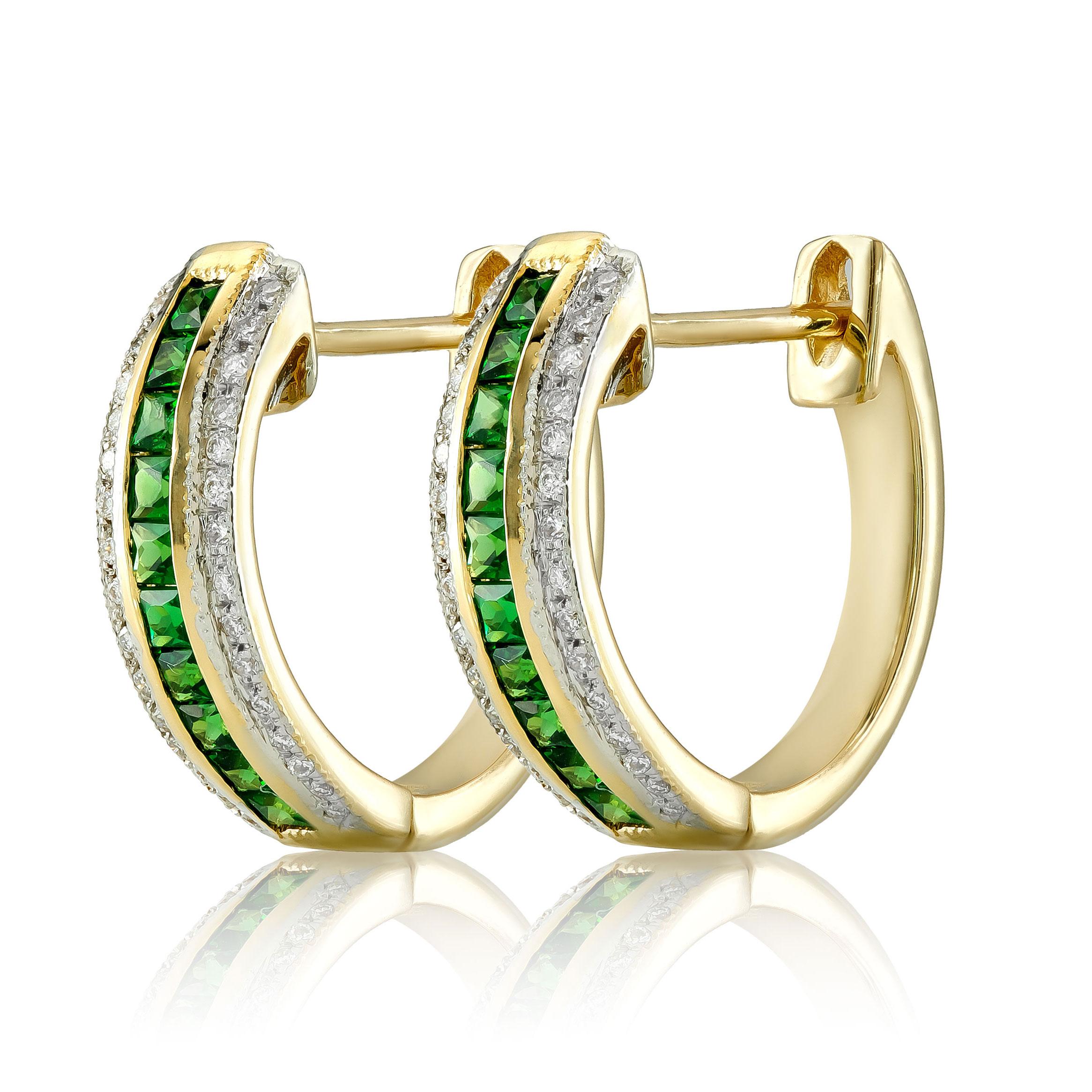 Taille princesse Boucles d'oreilles en or jaune 14 carats avec diamants et tsavorite naturelle de 0,54 carat en vente