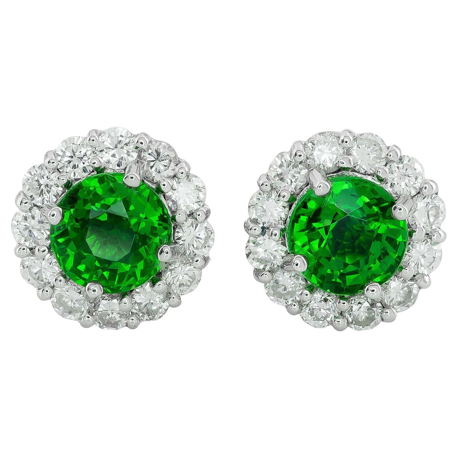 Natural Tsavorite Gemstones 1.55 carats in 14K White Gold Earrings with Diamonds
