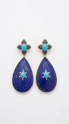 Designer-Ohrringe aus 14-karätigem Gold mit Tsavorit, Lapislazuli, Türkis und Diamanten