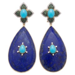 Designer-Ohrringe aus 14-karätigem Gold mit Tsavorit, Lapislazuli, Türkis und Diamanten