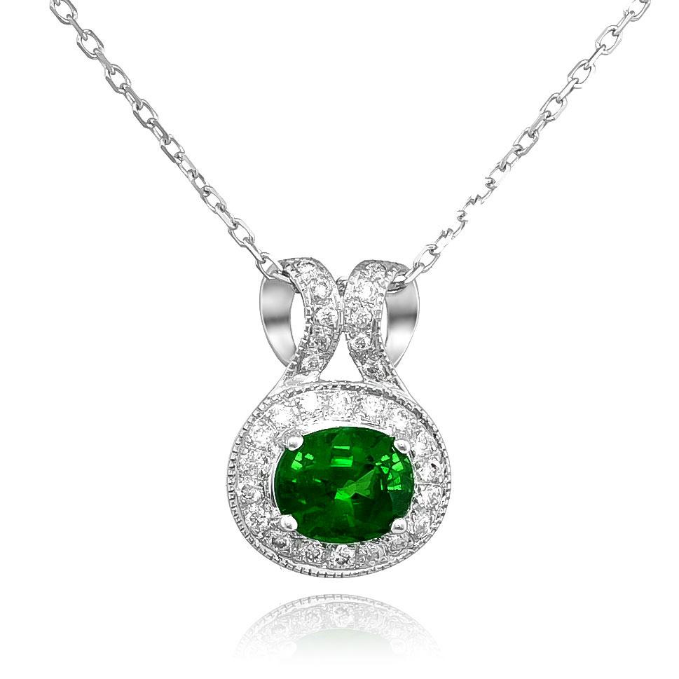 Natural Tsavorite Stone 0.82 carats set in 14K White Gold Pendant with Diamonds