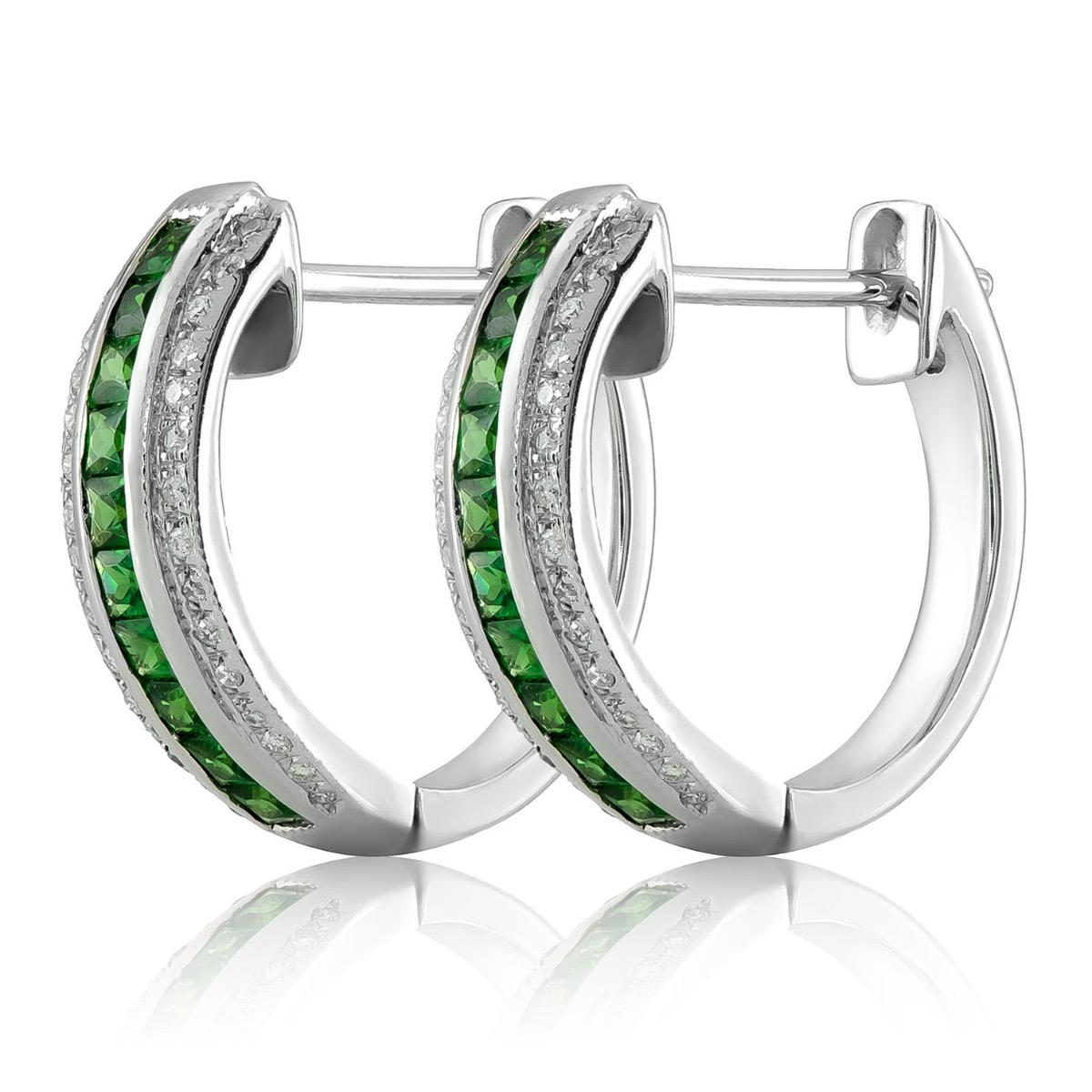 Princess Cut Natural Tsavorite Stones 0.54 carats set in 14K White Gold Earrings w Diamonds For Sale