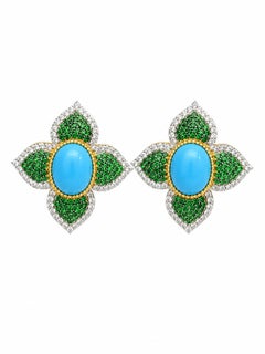 Boucles d'oreilles en tsavorite naturelle, turquoise et diamants, en or 14 carats