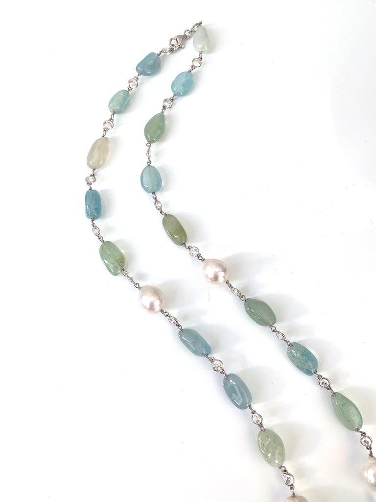 Natural Tumbled Aquamarine Beryl and Baroque Pearl Necklace For Sale at ...