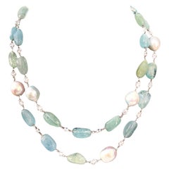 Natural Tumbled Aquamarine Beryl and Baroque Pearl Necklace