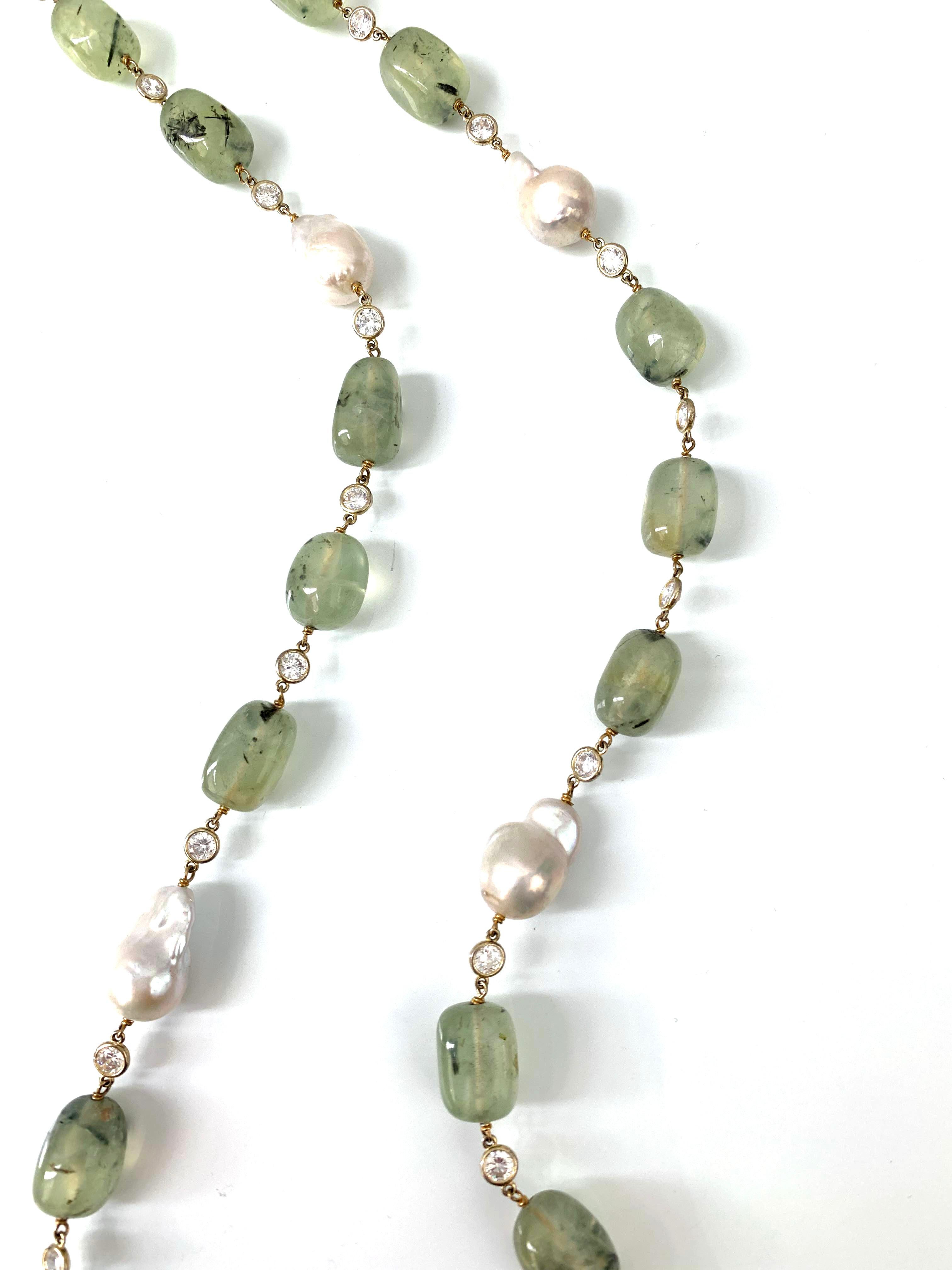 Contemporary Natural Tumbled Prehnite and Baroque Pearl Long Necklace
