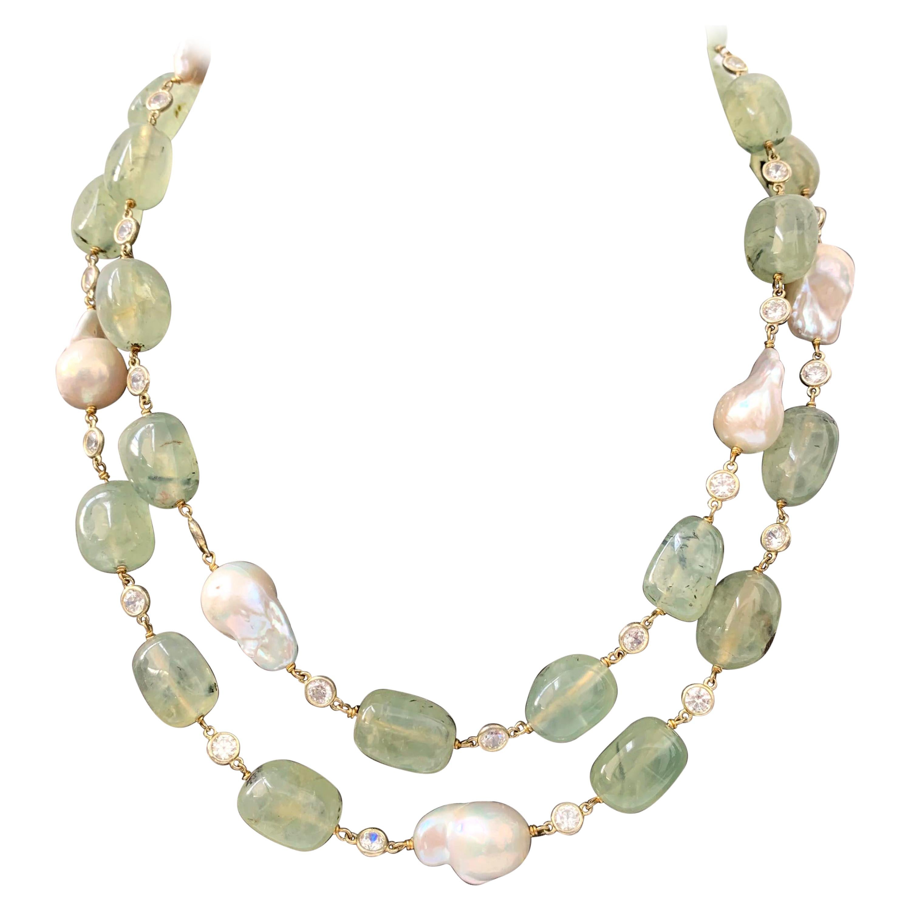 Natural Tumbled Prehnite and Baroque Pearl Long Necklace