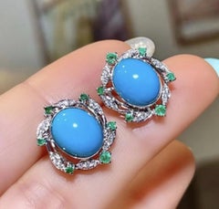 Natural Turquois 4.69cts Emerald & Diamond 0.24cts Earring in 14k Gold