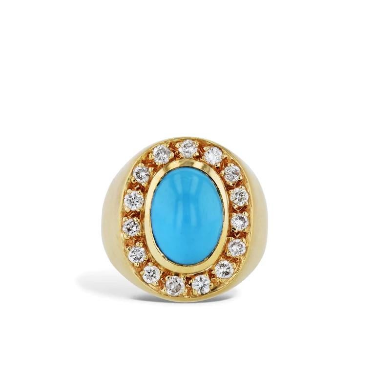 This magnificent 18kt Yellow Gold Estate Ring showcases a captivating Natural Turquoise Cabochon center, beautifully complemented by 15 shimmering Diamonds. 

This stunning Vintage Piece is sure to sparkle on your finger! 

Size 6.

-Natural