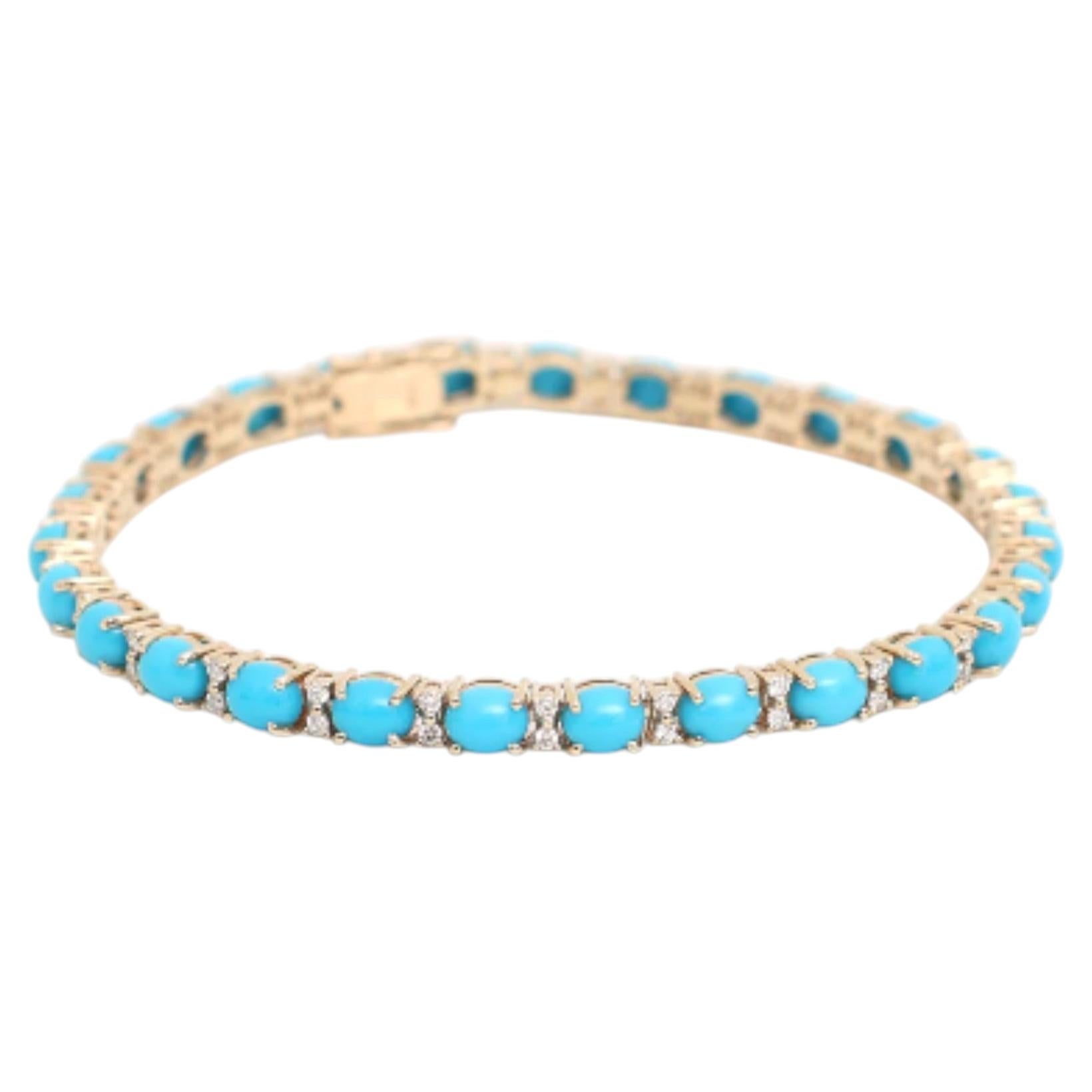 Exquisite 14K Yellow Gold Turquoise & Diamond Bracelet, 10.11 Carats