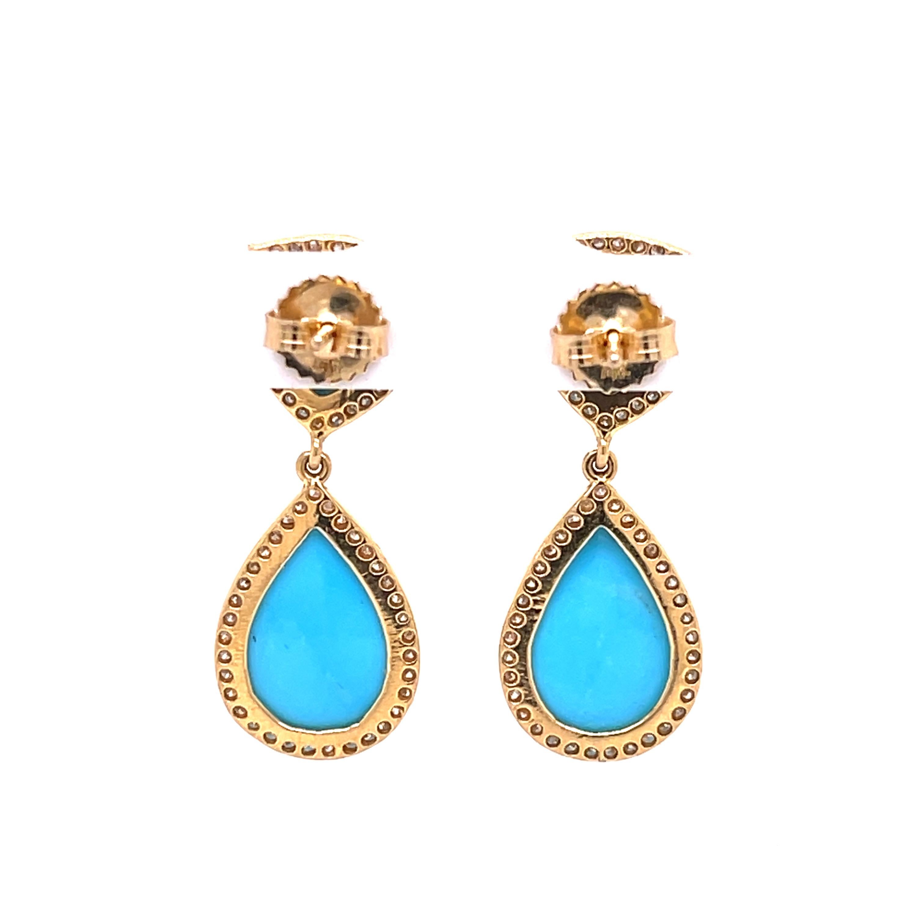 Natural Turquoise '13.62ctw' and Diamond Drop Earrings Yellow Gold In New Condition In Dallas, TX