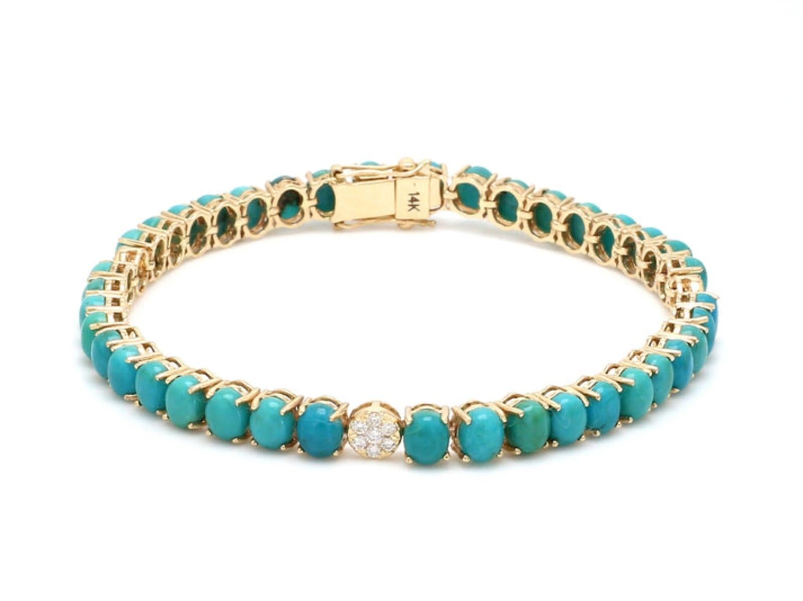 Bracciale in oro giallo 14 carati con turchese e diamanti, 14-15 carati, nuovo