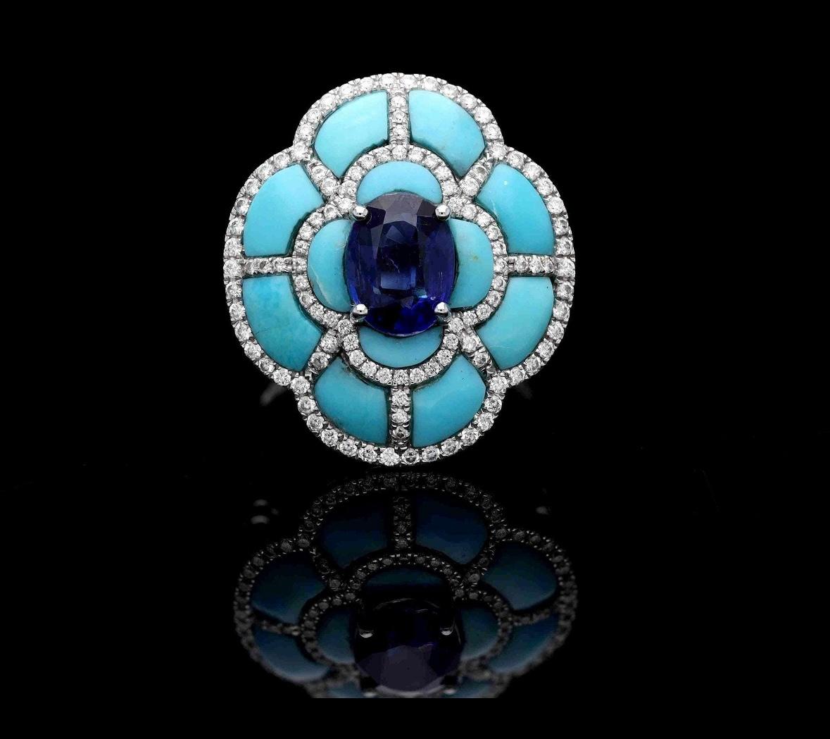 Anillo de oro de 18 quilates con turquesa natural de 1,57 quilates, tanzanita de 1,33 quilates y diamante de 0,49 quilates Corte mixto en venta