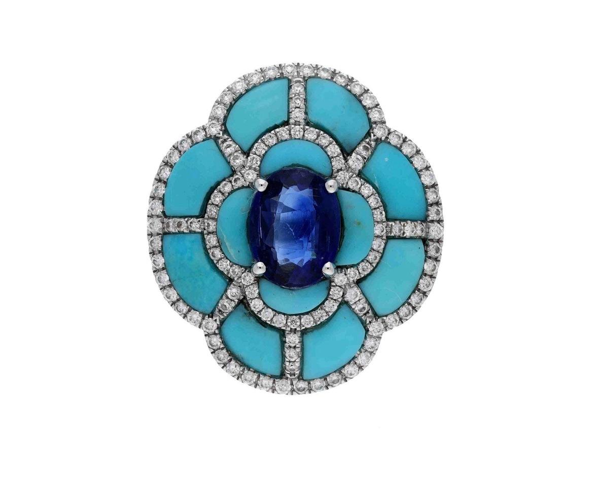 Anillo de oro de 18 quilates con turquesa natural de 1,57 quilates, tanzanita de 1,33 quilates y diamante de 0,49 quilates en Nuevo estado para la venta en jaipur, IN