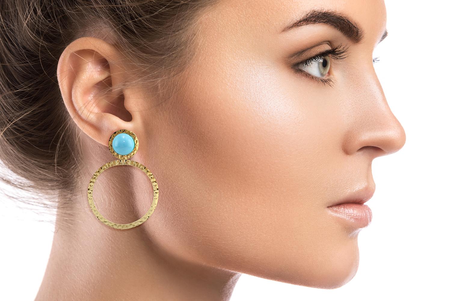 Cabochon Natural Turquoise 18 Karat Gold Hoop Earrings For Sale