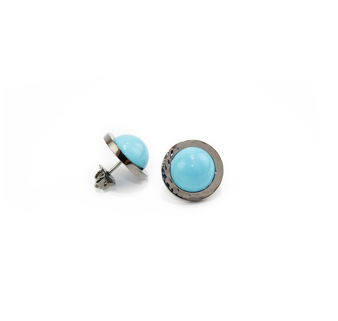 Artisan Natural Turquoise 18 Karat Gold Stud Earrings For Sale