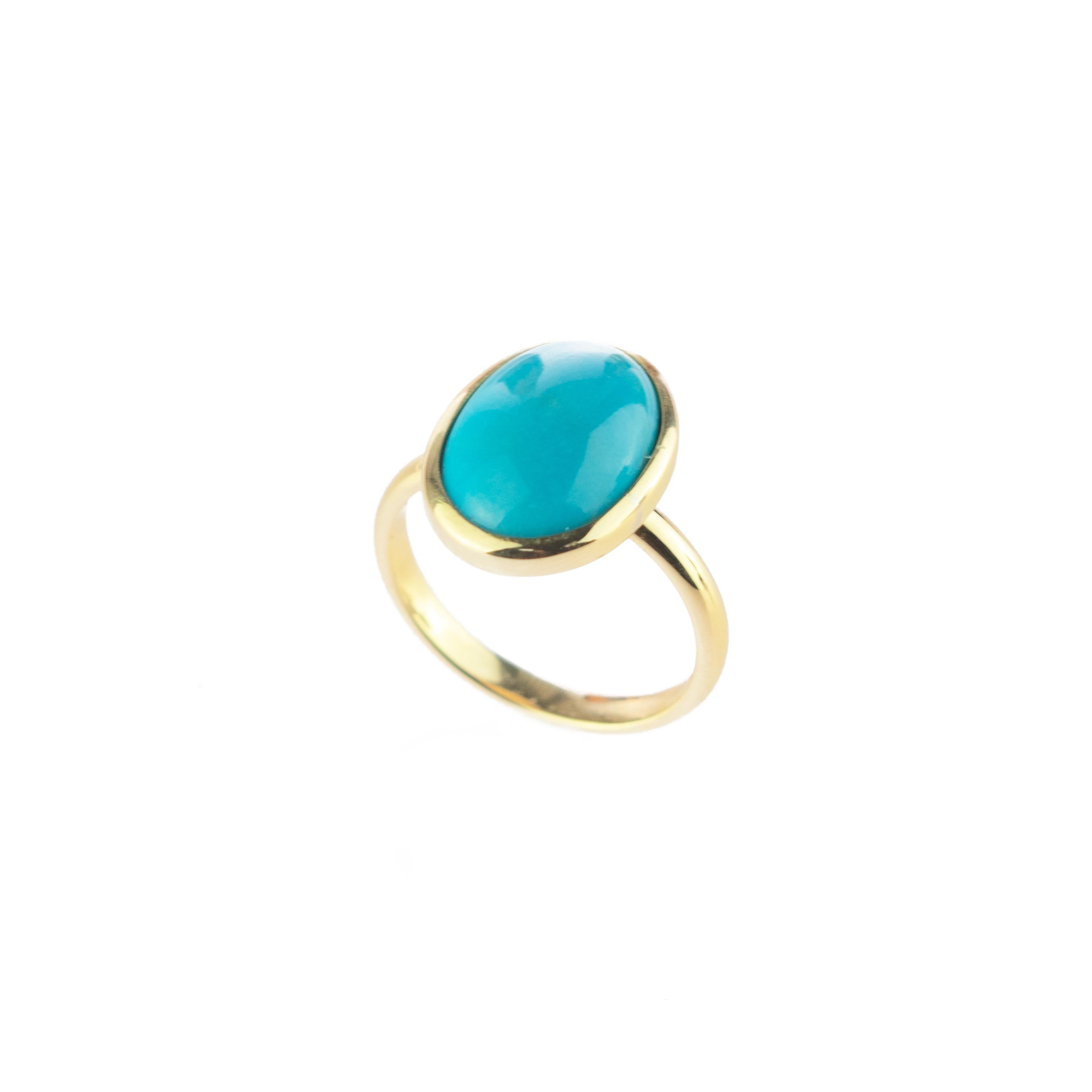 Natural Turquoise 18 Karat Yellow Gold Modern Bezel Set Oval Cocktail Ring For Sale 2