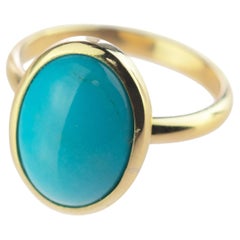 Natural Turquoise 18 Karat Yellow Gold Modern Bezel Set Oval Cocktail Ring