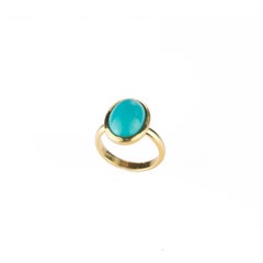 Natural Turquoise 18 Karat Yellow Gold Solitaire Bezel Set Oval Cocktail Ring