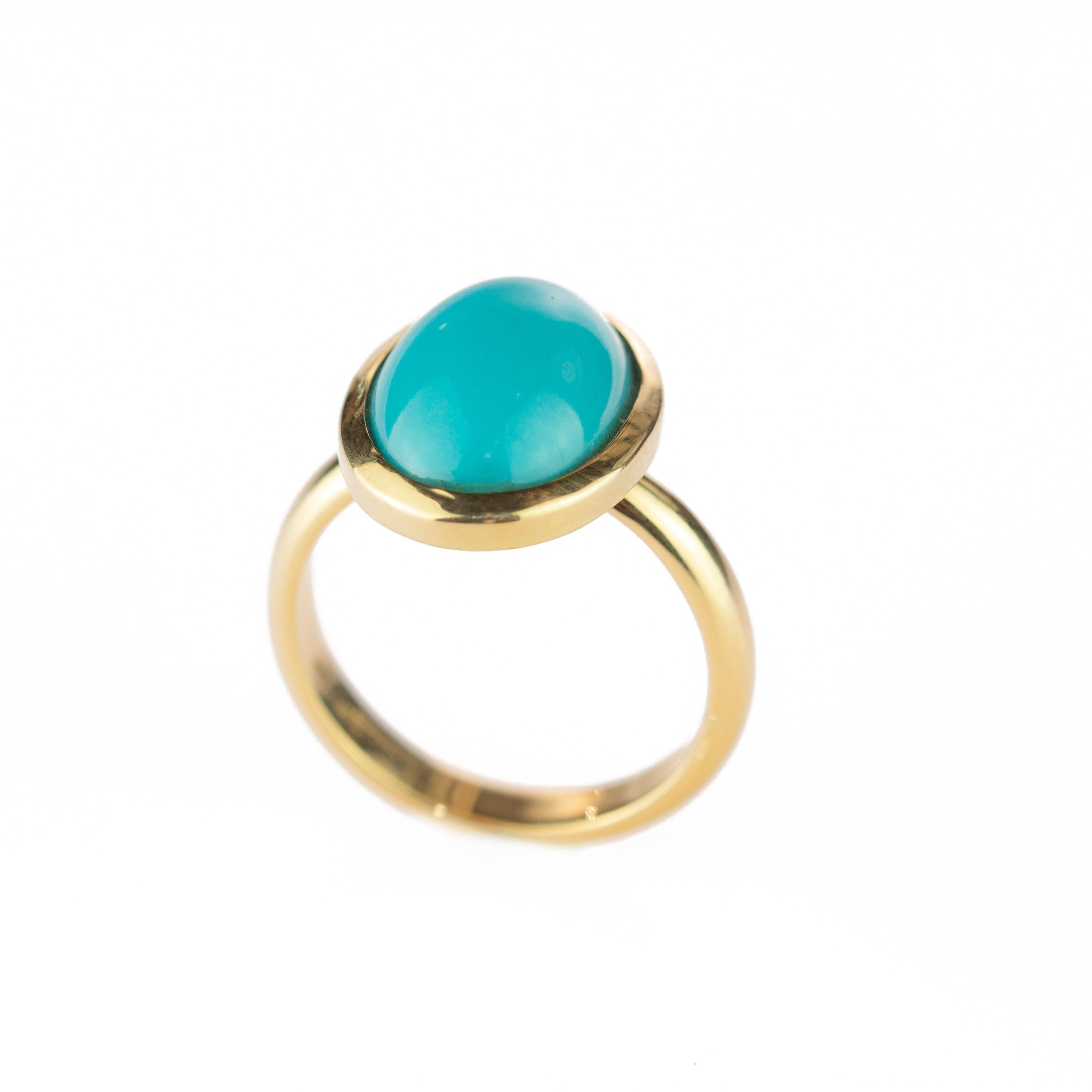 Oval Cut Natural Turquoise 18 Karat Yellow Gold Solitaire Bezel Set Oval Cocktail Ring For Sale