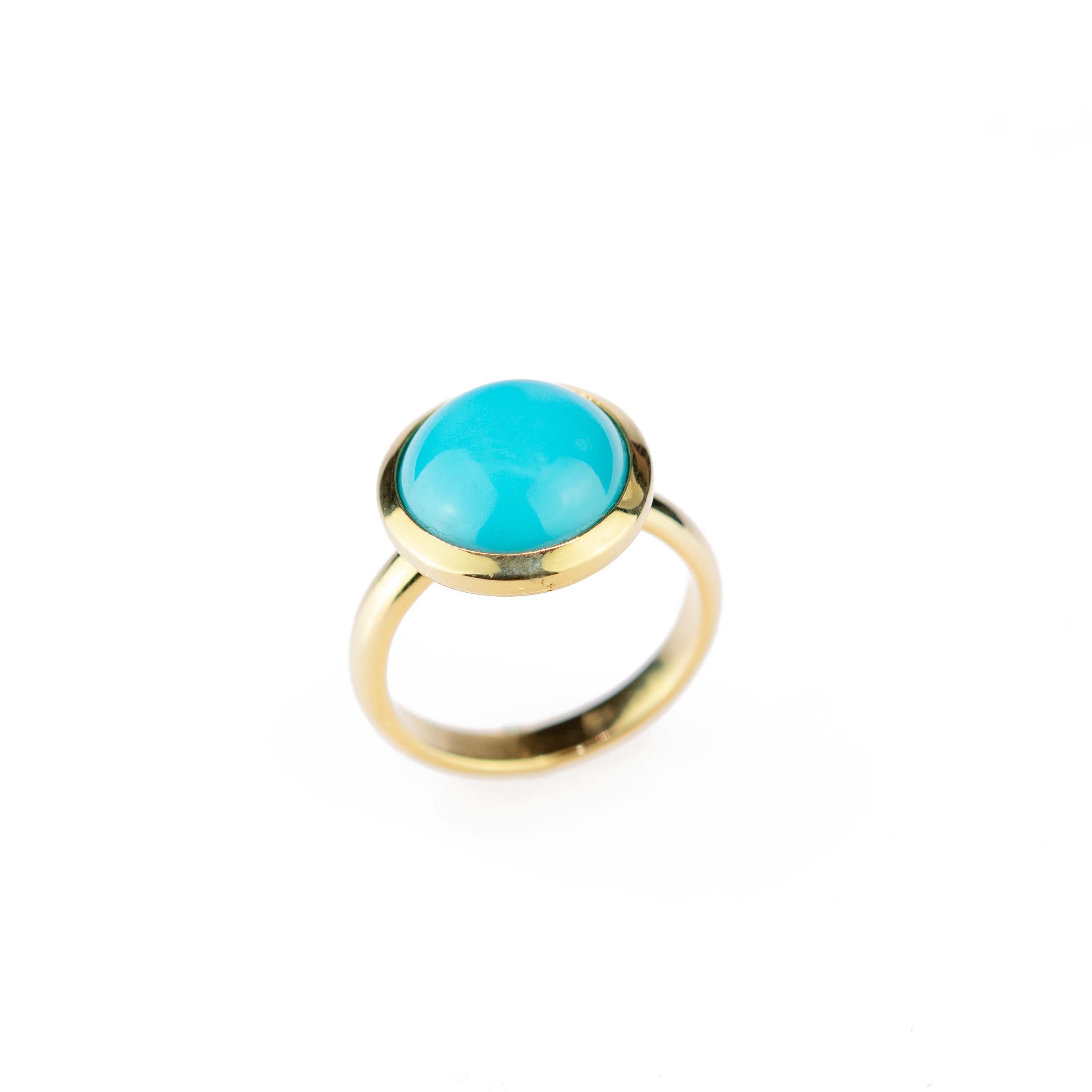 Art Deco Natural Turquoise 18 Karat Yellow Gold Solitaire Round Cabochon Cocktail Ring