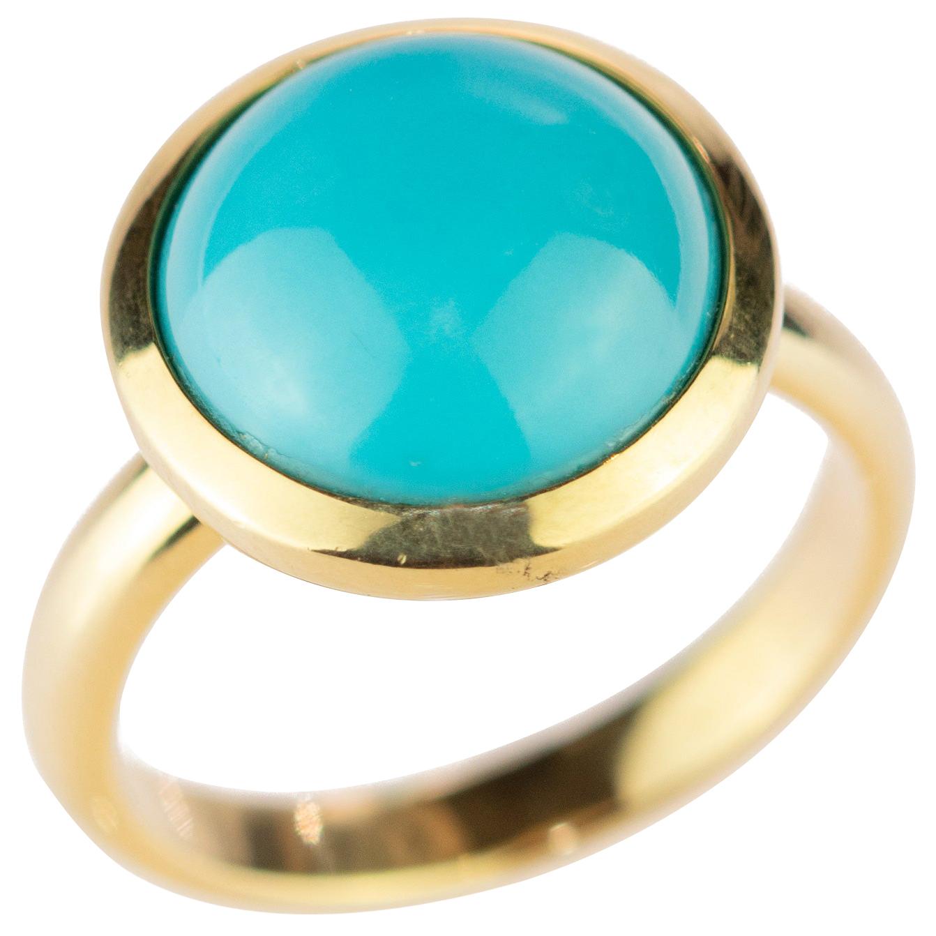 Natural Turquoise 18 Karat Yellow Gold Solitaire Round Cabochon Cocktail Ring