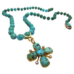 Antique Natural Turquoise, 18k Gold & Diamond Beaded Pendant Necklace