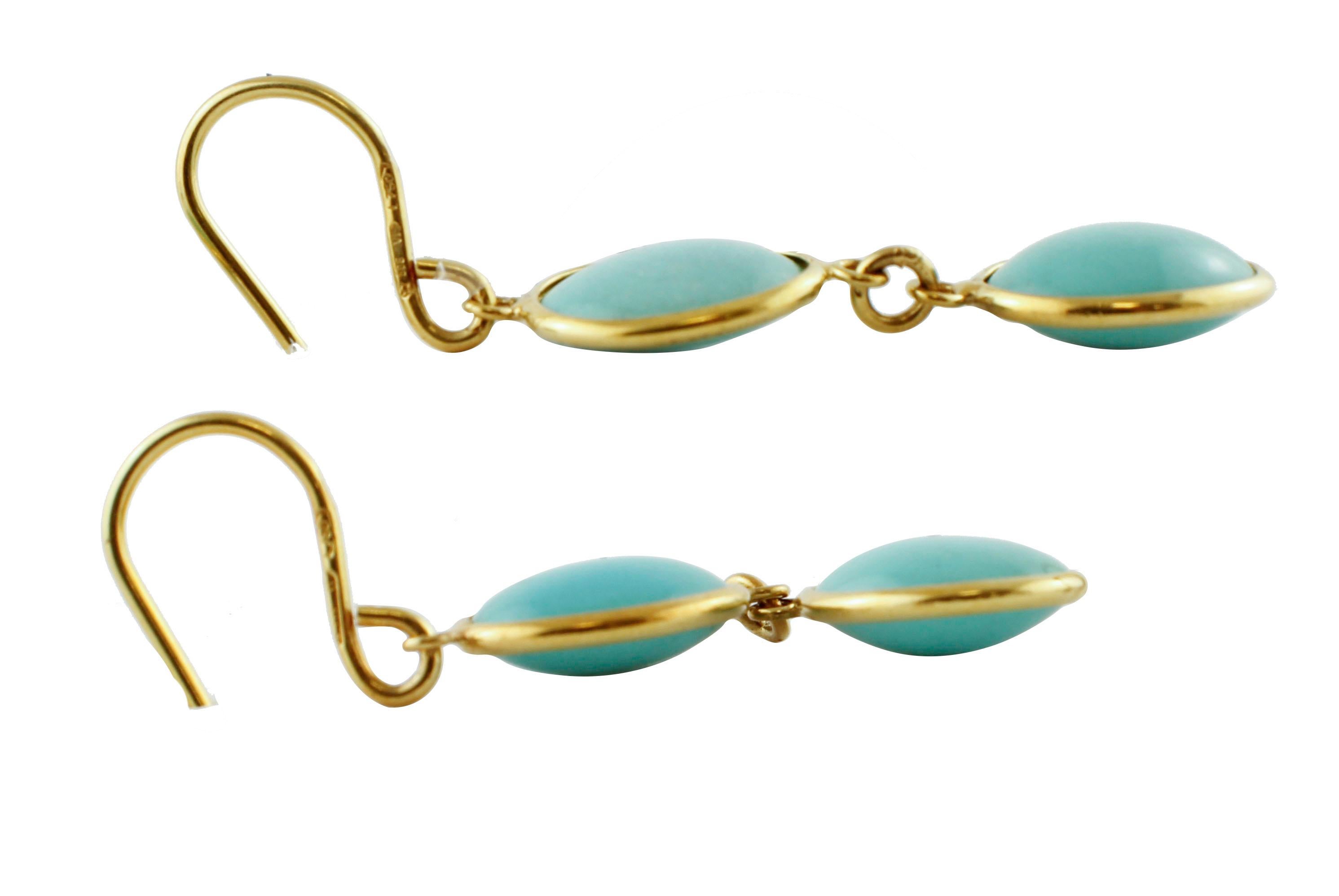 Retro Natural Turquoise, 18 Karat Yellow Gold, Simple Drop Earrings