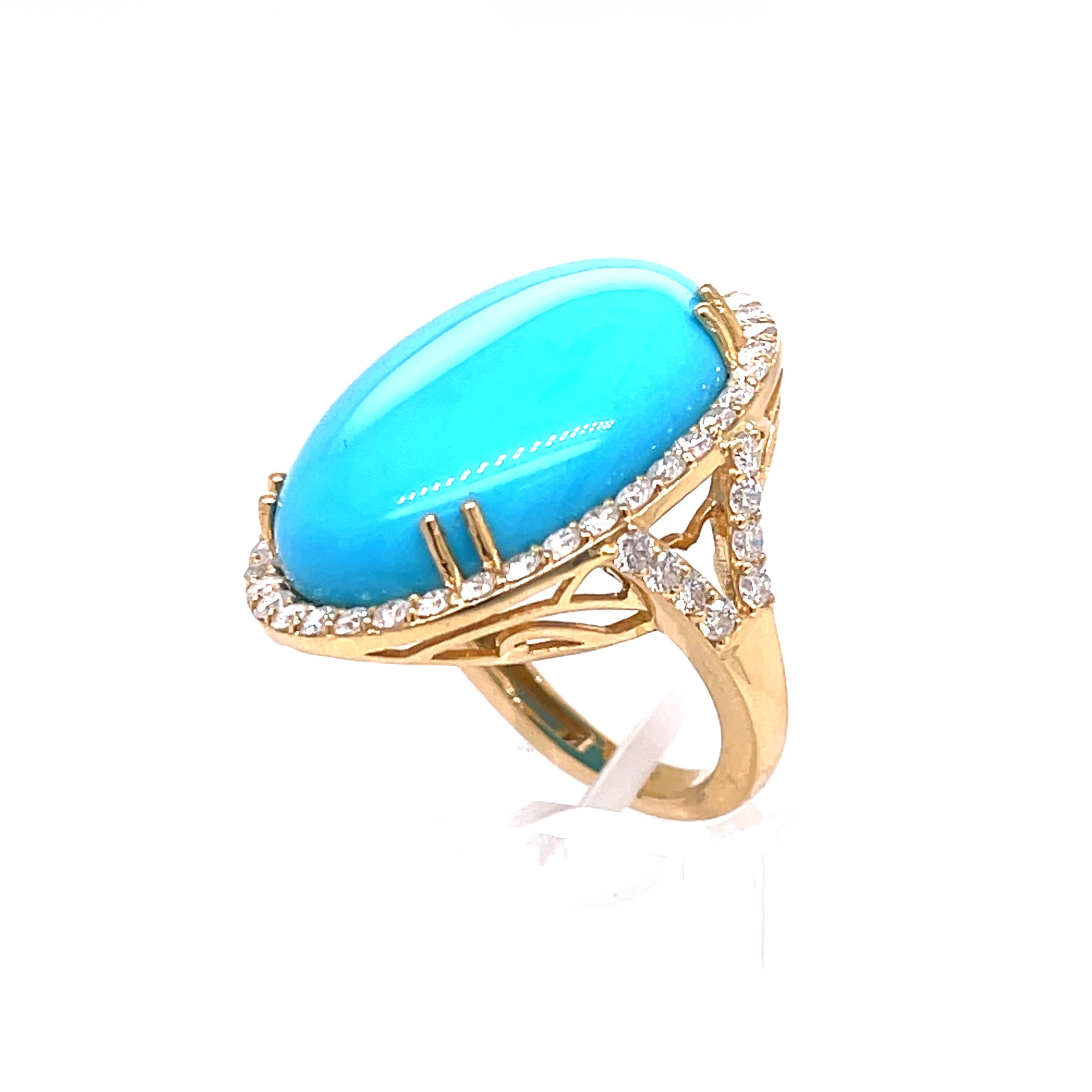 Natural Turquoise (21.36ct) and Diamond Ring Yellow Gold In New Condition In Dallas, TX
