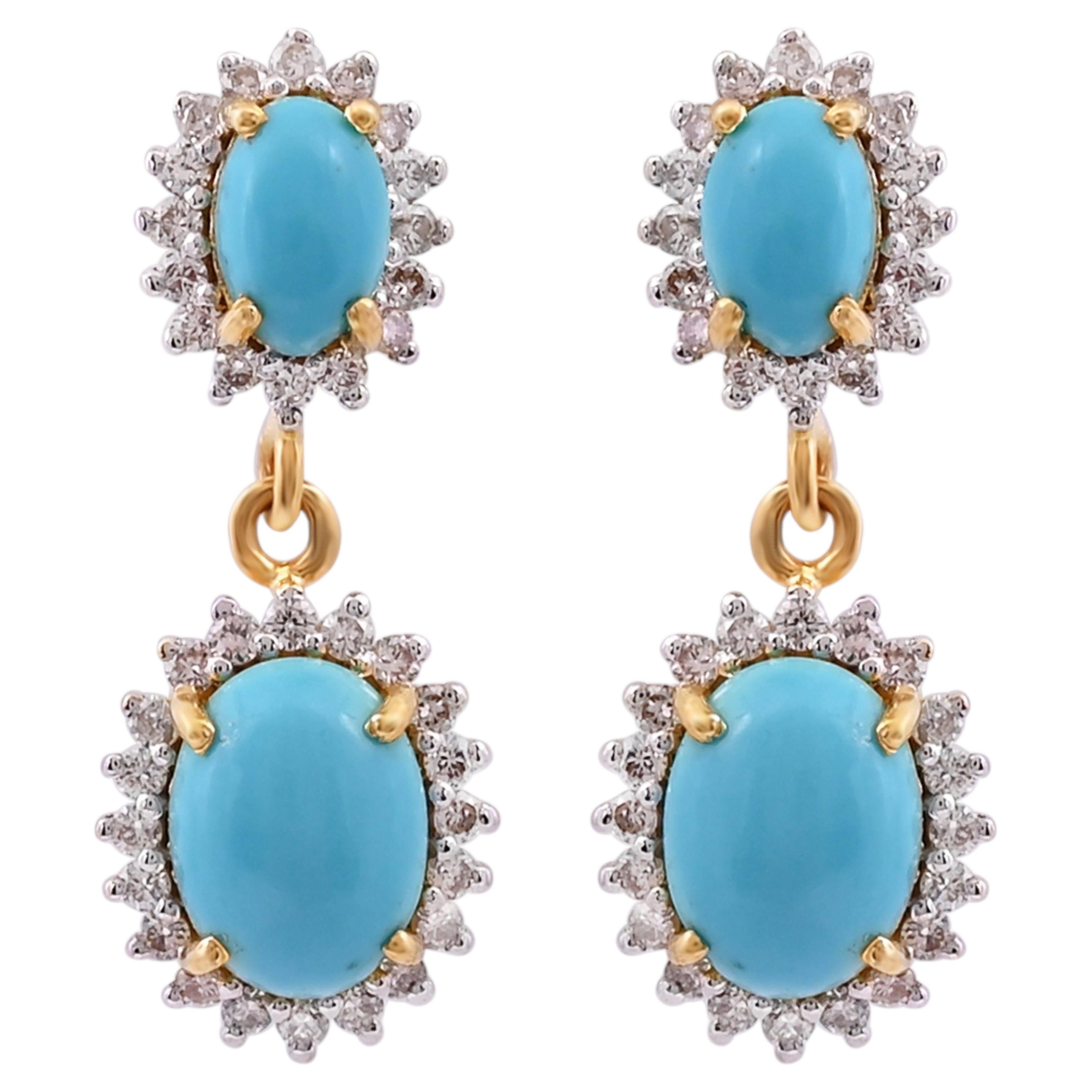 Designer 14K Gold Turquoise 3.05ct & Diamond 0.60ct Stud Earrings