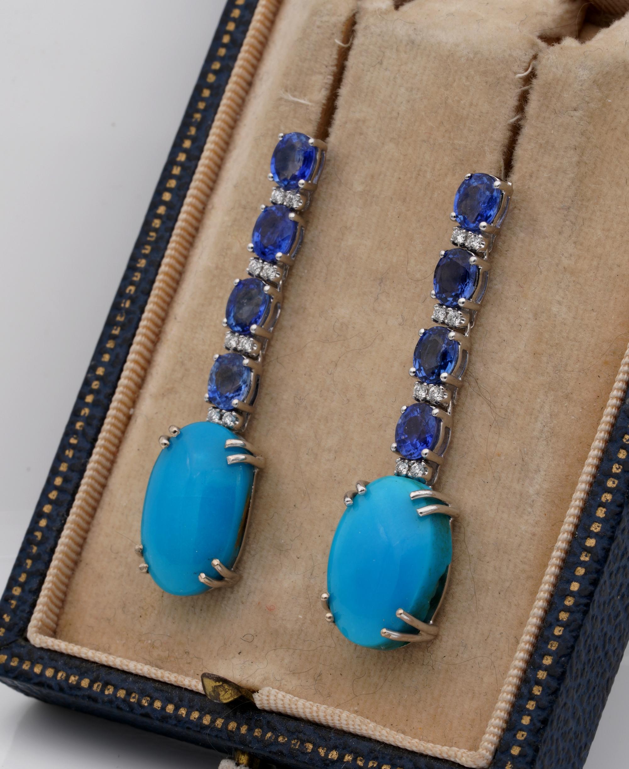 Contemporary Natural Turquoise 4.0 Ct Natural Ceylon Sapphire Diamond Drop Earrings For Sale