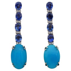 Vintage Natural Turquoise 4.0 Ct Natural Ceylon Sapphire Diamond Drop Earrings