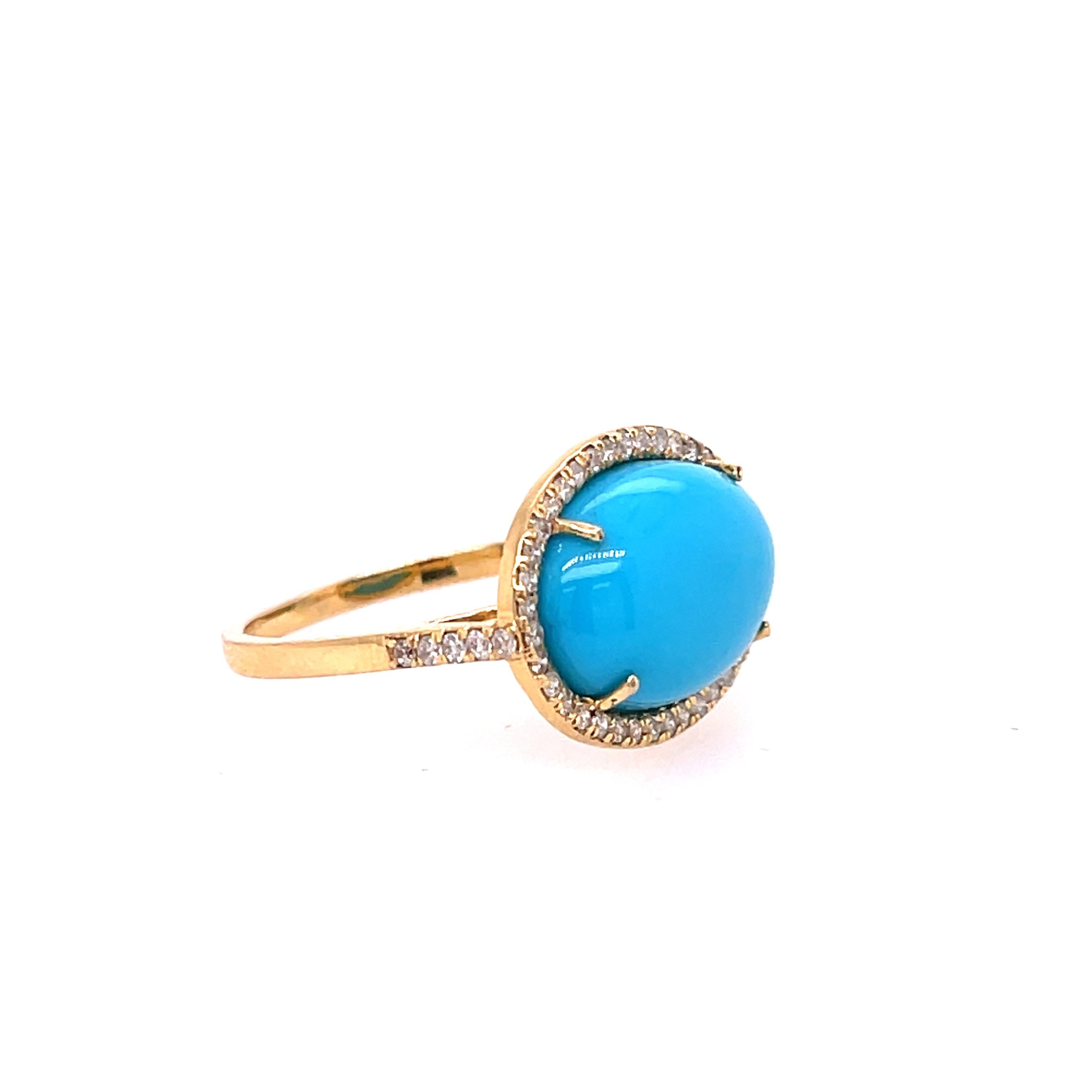 Round Cut Natural Turquoise '5.25ct' and Diamond Ring Yellow Gold For Sale