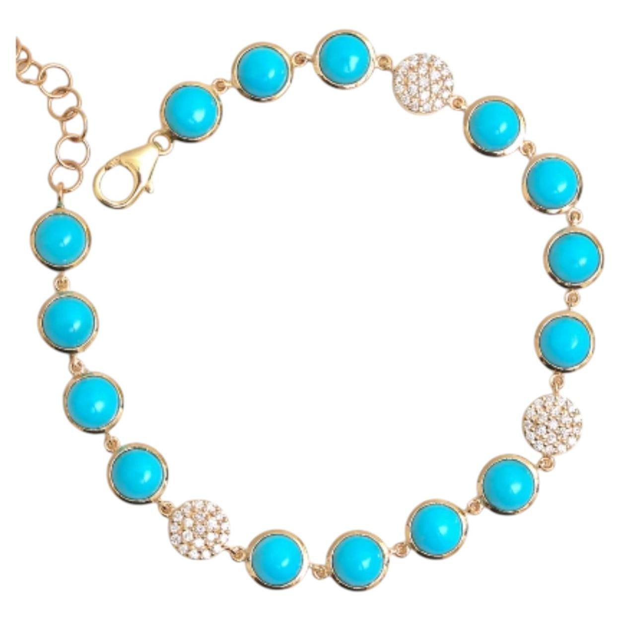 Bracciale in oro giallo 14 carati con turchese e diamanti, con un turchese da 7,63 carati
